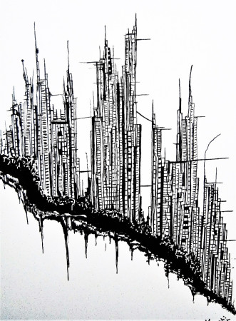 " Rêverie urbaine ", Dessin original, feutre posca , encadrement bois et sous verre, 40x30 cm, pièce unique , signé
